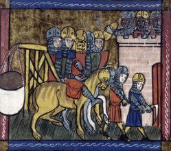 Soldiers with a trebuchet, mid-14th century. A trebuchet was a sort of catapult which was used to