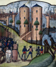 A besieging army sets fire to a city, c1470. Flaming cannonballs, often referred to as 'fireballs'