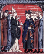 Siege of La Rochelle, c1325-c1350. King Louis VIII of France meeting a bishop, a cardinal and