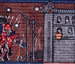 Siege of La Rochelle, c1325-c1350. Trebuchets in action. These were a sort of catapult which were