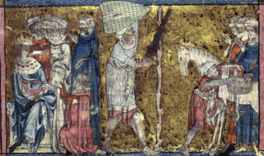 Training for knighthood and military service, 13th-14th century. Centre: the training of a knight