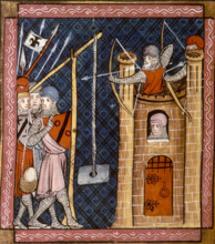 A trebuchet in use at a siege, c1340. A sort of catapult which was used to launch missiles, such as