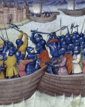 Sea battle, c1450. In naval battles, ships came as close together as possible, and the occupants