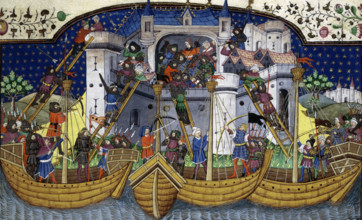 The storming of Corunna by Broadas, c1445. Ships besieging a sea port on the north coast of Spain.