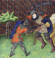 Two knights fighting, c1415. Their armour includes scale, mail and plate, which in the case of the