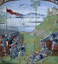 Caesar and Pompey fighting the Gauls, 1473. Two opposing armies face each other. Rows of archers