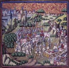 The army of the King of Sicily, riding away from a city, c1500. An army on the move with its