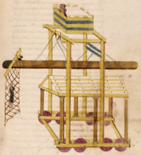A siege tower, 16th century. A battering-ram is suspended from ropes, with a netted crossbeam to be