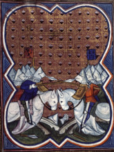 Knights charging, end of the 14th century. Their helmets have hinged visors to enable better vision