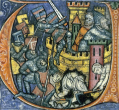 Siege of Jerusalem, 1250-1259. Undermining the walls. Soldiers in full armour attack the city,