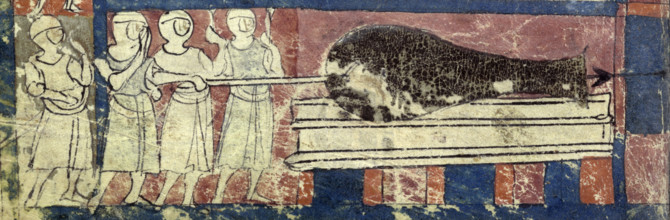 Firing the earliest known cannon, c1326. One of the figures ignites the weapon through a touch hole