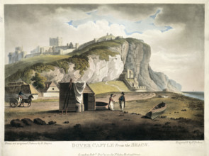 'Dover Castle from the Beach', Dover, Kent, 1801. Two men standing beside a hut, one carrying a