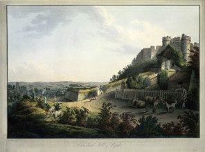 'Carisbrook Isle of Wight', 1813. View of Carisbrooke Castle, a couple with a dog, and cattle in