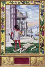 An alchemical beheading and dismemberment, 1582. Cutting off the King's Head: a dishevelled man