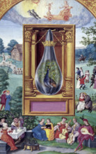 The peacock's tail, 1582. In a crowned alchemical flask between gold columns is a peacock with its