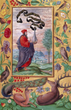 An alchemist with a flask, 1582. An alchemical adept carries the vase of Hermes. A scroll attached