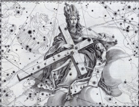 Cygnus as the Holy Cross, 1627. The allegorical figure of Cygnus sits amongst clouds holding the