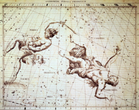 The star constellations Perseus and Andromeda, 1729. Perseus is holding the head of Medusa, the