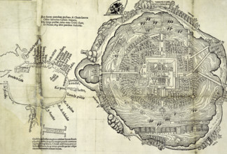 Map of Tenochtitlan, Mexico, with Gulf Coast at left, 1524. Spanish conquistador Hernando Cortes
