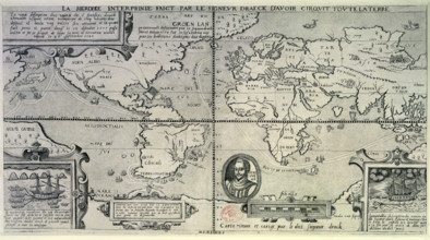 Map showing Francis Drake's Circumnavigation of the Globe, late 16th century. 'La vraie description