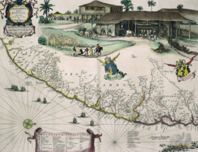 Dutch map of Brazil, with view of a sugar plantation, c1720. 'Praefectura Paranambucae Pars