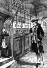 A customer outside Sweeney Todd's barber shop, c1880. The shop was a death trap for unwary