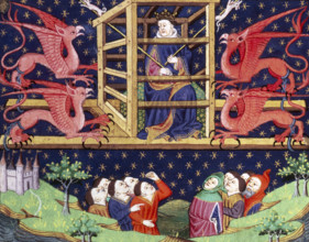 Alexander the Great, in a cage, being carried aloft by griffins, mid 15th century. Legendary scene.