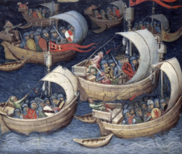 The Greek fleet at sea, second siege of Troy, 15th century. From "Les Livres des Histoires du