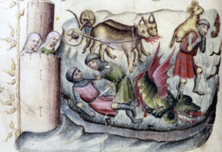 Jason capturing the Golden Fleece, 15th century. Two women watching from a castle; the two