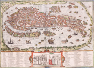 Medieval map of Venice, Italy, c1580. Venetia. Aerial view of the lagoon, islands, and city,