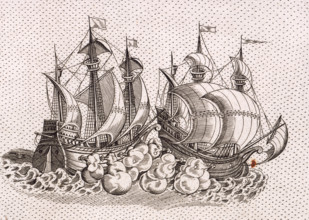 Two warships firing at each other, 1583. A pair of galleons fire broadsides at each other at close