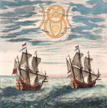 Two Dutch ships at sea, 17th century. The Dutch cartographer Willem Blaeu and his son Joan were