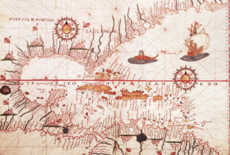 Map of the Caribbean, c1578. Showing 'Niova Spagna' ie New Spain - land conquered by the Spaniards: