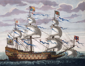 The English man-of-war Royal, 1693. A warship pictured in full sail.
