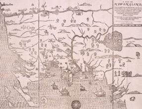 Map of New England, 1677. Self-proclaimed as the first map ever printed in America. 'Being the