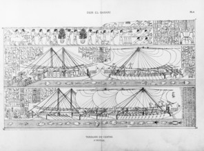 Egyptian ships, c1500 BC. These pictures, redrawn from stone reliefs on the tomb of Hatshepsut at