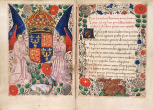 The coat of arms of Henry VII supported by two angels, 1486. 'Laus Angliae'. The royal arms, held