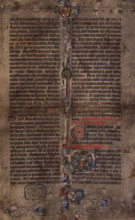 A leaf of the first printed Bible, c1455. This, the '42 line Bible', was printed at Mainz, Germany,