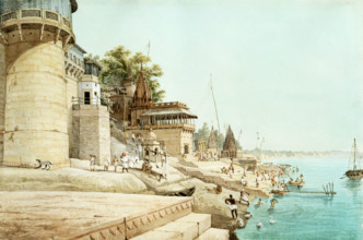 View of the Benares ghats, 1825. Benares (Varanasi) is a major place of pilgrimage for Hindus,