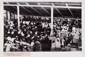 Tea auction, probably in Calcutta, India, c1880. The European men wear bowler hats and pith helmets