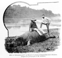 Alexandre Delcommune and Paul Le Marinel hunting hippopotamus on the Sankuru, Congo late 19th-early