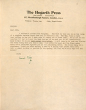 Letter from Leonard Woolf to John Lehmann, his wife Virginia Woolf's publisher, telling him of her