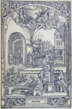 The planet Mercury and artists, scholars and technicians, c1535. Mercury rides through the clouds