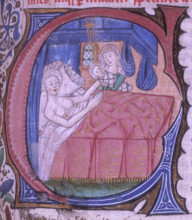Birth scene, 1490. Historiated initial 'C'(um): a midwife presenting the newborn to the mother, who