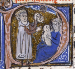 An astrologer discusses a child's horoscope with its mother, early 14th century. From their anxious
