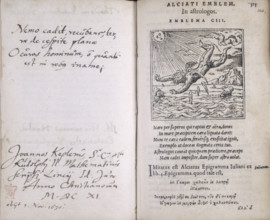 The fall of Icarus, 1573. Icarus has flown too near to the sun, the heat of which has destroyed his