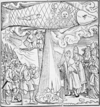 The predicted floods of 1524, (1523). In the sky is a great fish representing Pisces. A flood pours