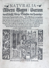 The title page of "Naturalia", 1548. The author Albertus Magnus (1200-1280) sits writing at his