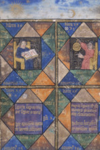 Alchemists at work, 15th century. An alchemist consulting a chart, and conducting an experiment.