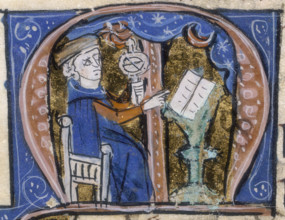 An astrologer at work with his book and an armillary, early 14th century. From a medieval